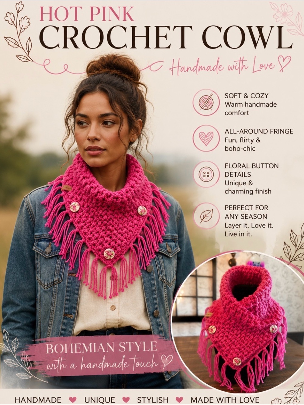 Handmade Hot Pink Crochet Cowl with Fringe & Floral Buttons NWOT